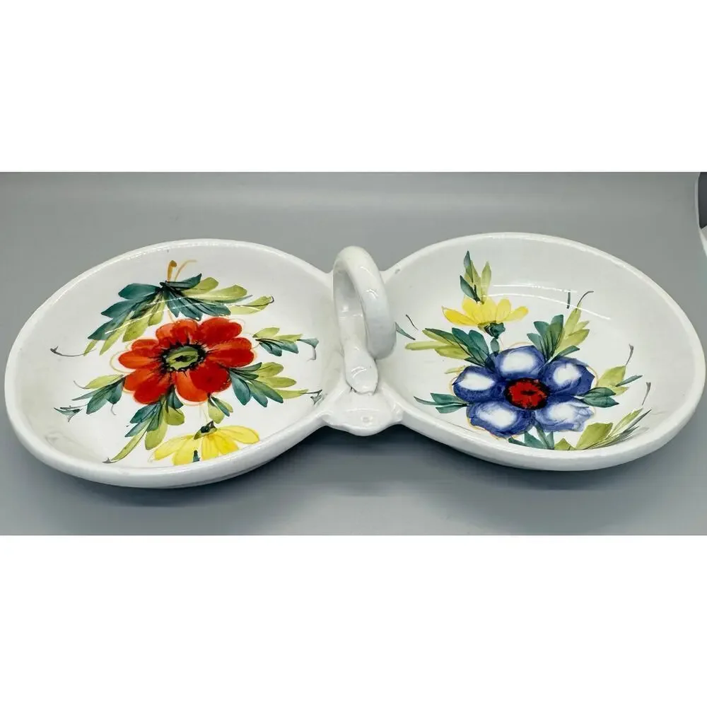 Vintage Beautiful Hand Painted Divided Dish Floral Handle Made In Italy Spring